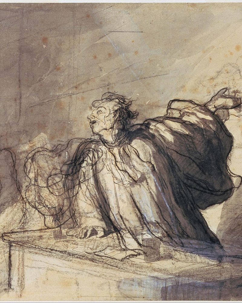A sketch of a lawyer pleading for a client in court