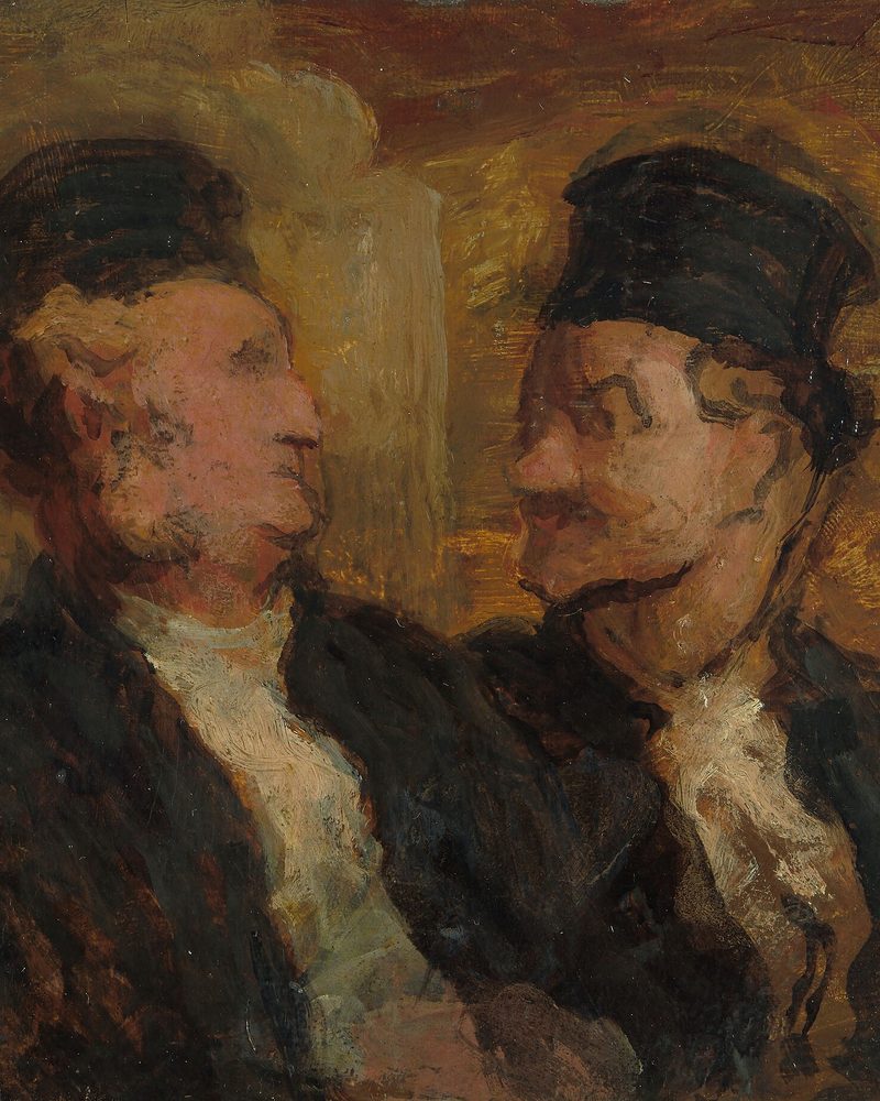 Two lawyers in robes leaning in to confer