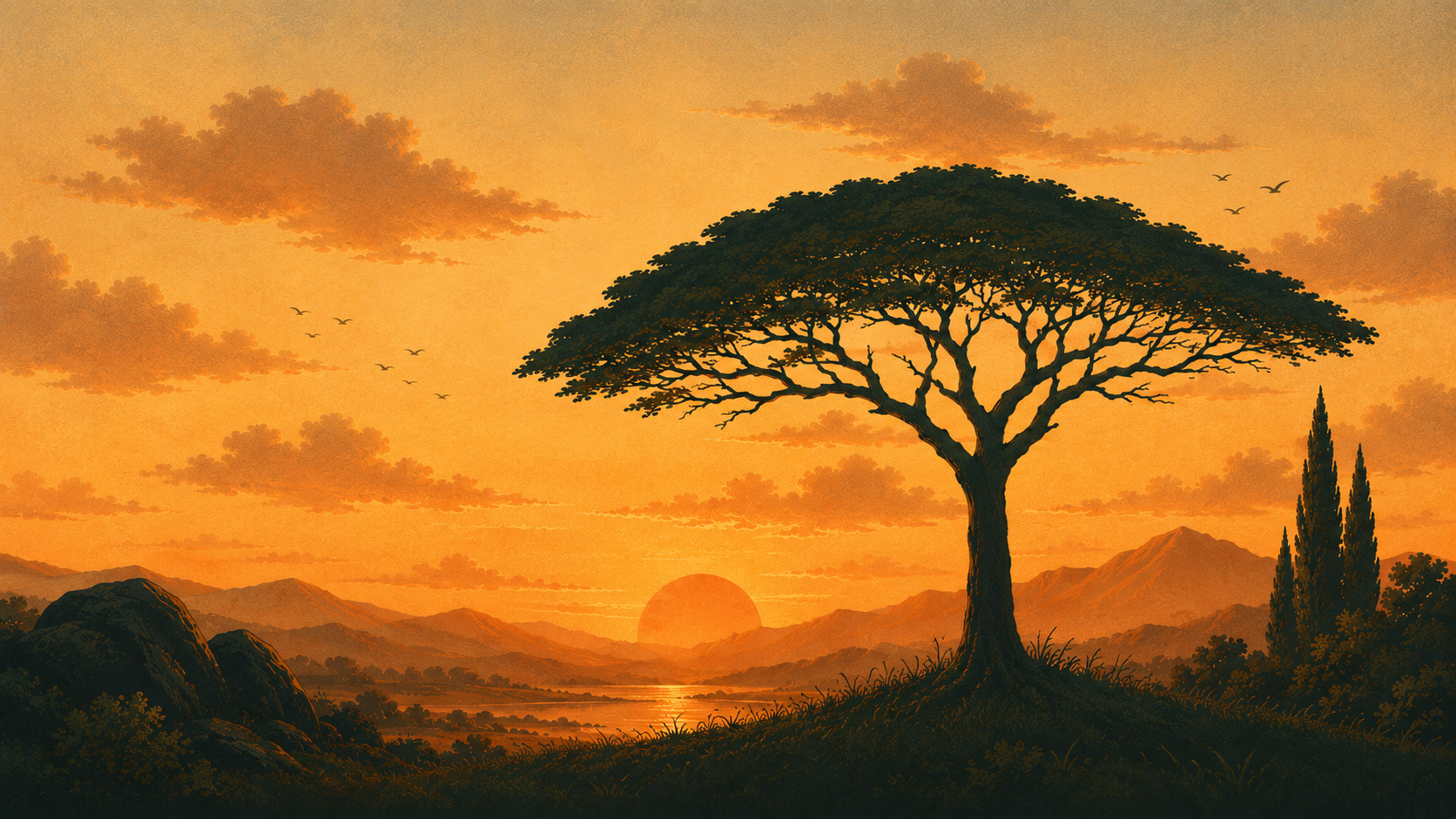 Sunset landscape with a broad tree