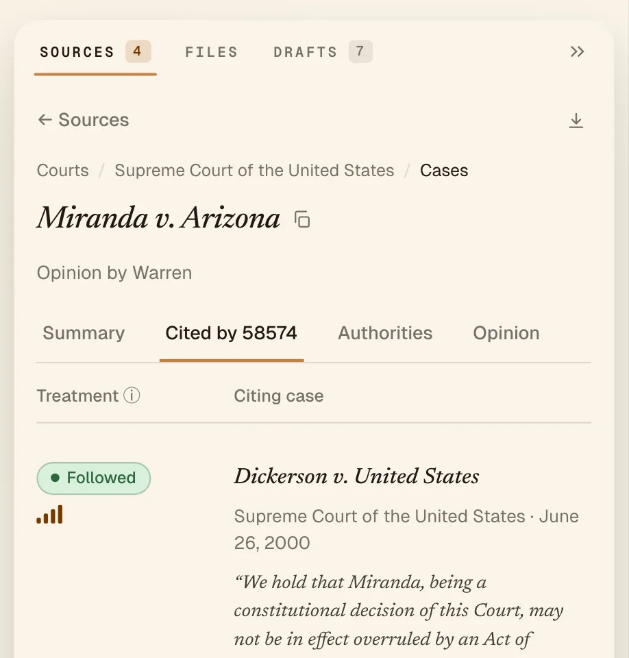 A case page for Miranda v. Arizona showing the later cases that cite it and how they treated it