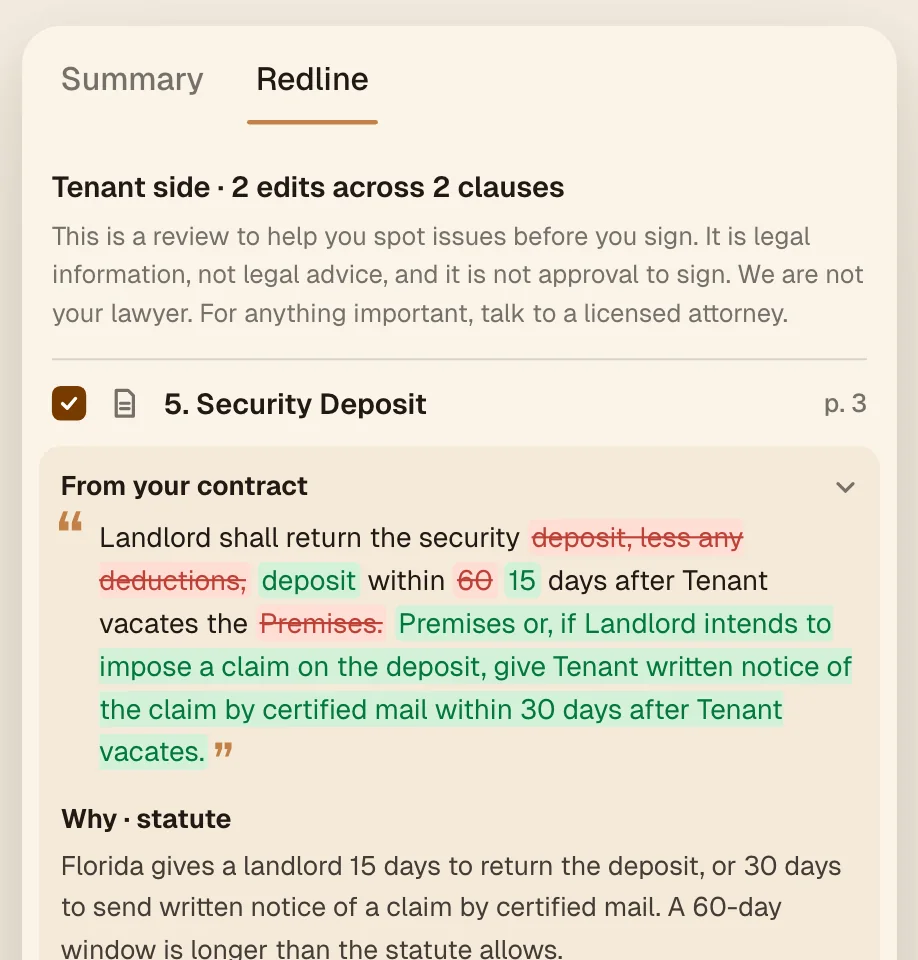 A lease clause redlined by Ella, with struck and inserted text for the tenant