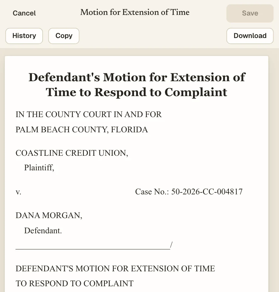 A drafted motion for extension of time laid out on court paper with a case caption