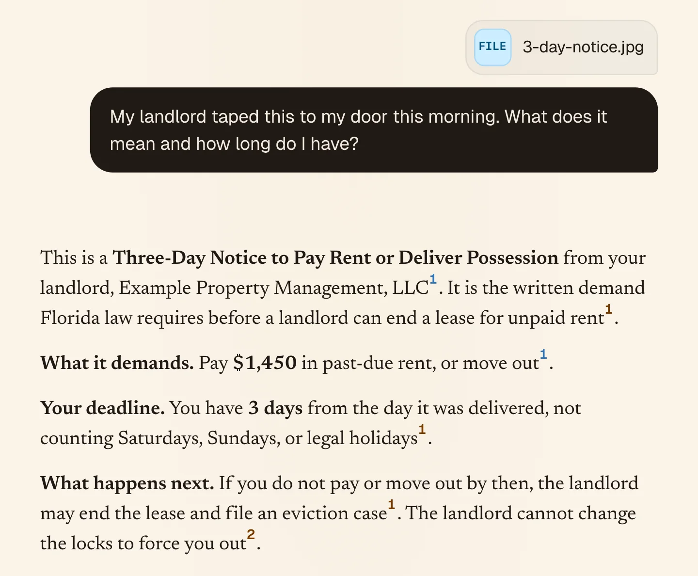 Ella explaining a photographed three-day notice to pay rent, with the amount due and the deadline